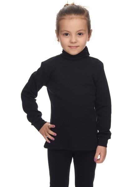 Siyah Basic Kız Çocuk Çıtçıtlı Tam Balıkçı Yaka Şardonlu Kışlık Uzun Kollu Tişört
