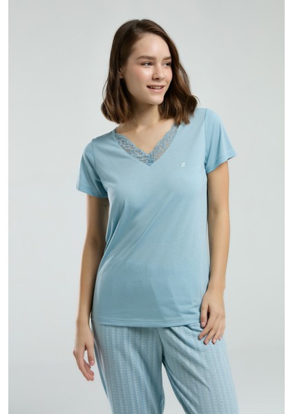 Kadın Mavi Kısa Kol Pijama Takım modelleri