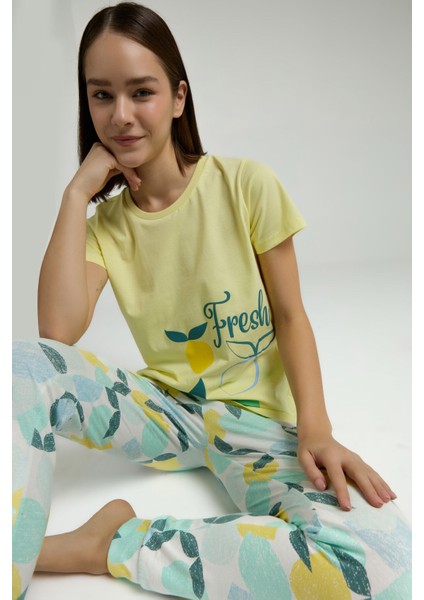 Kadın Sarı Kısa Kol Pijama Takım