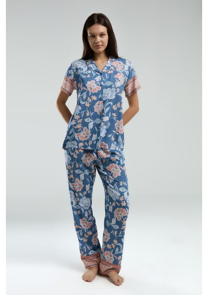 Kadın Mavi Gömlek Pijama Takım