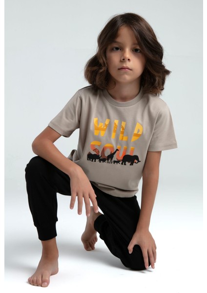 Erkek Çocuk Krem Kısa Kol Pijama Takım