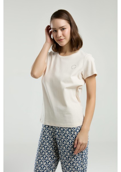 Kadın Krem Kısa Kol Pijama Takım