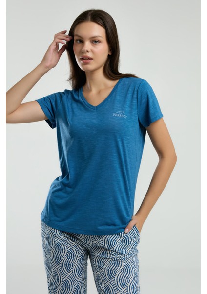 Kadın Lacivert Kısa Kol Pijama Takım