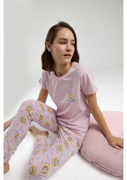 Kadın Pembe Kısa Kol Pijama Takım