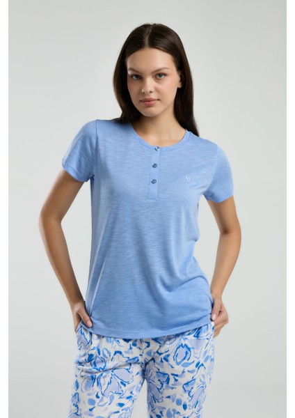 Kadın Mavi Kısa Kol Pijama Takım