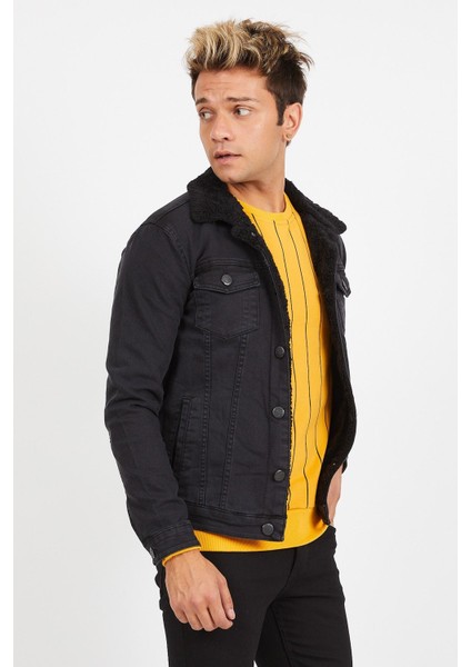 Erkek Siyah Kürklü Füme Renk Eskitmeli Slim Fit Kot Ceket