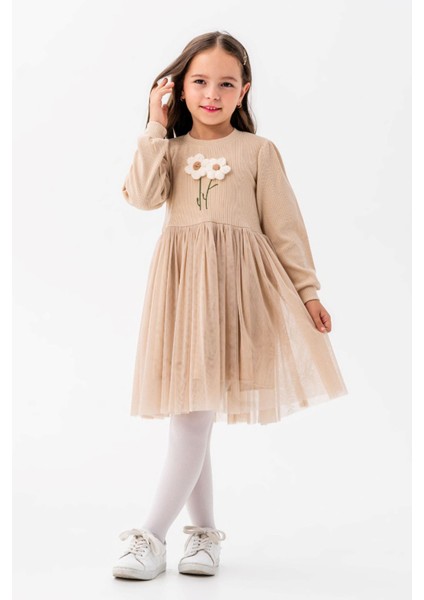 Çiçek Işlemeli Tüllü Bej Kız Çocuk Elbisesi - Bej