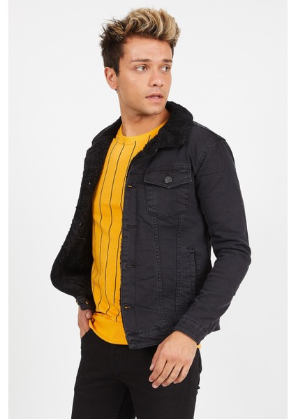 Erkek Siyah Kürklü Füme Renk Eskitmeli Slim Fit Kot Ceket