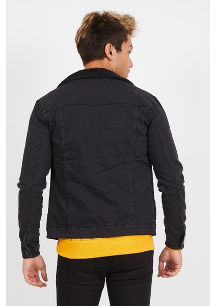 Erkek Siyah Kürklü Füme Renk Eskitmeli Slim Fit Kot Ceket