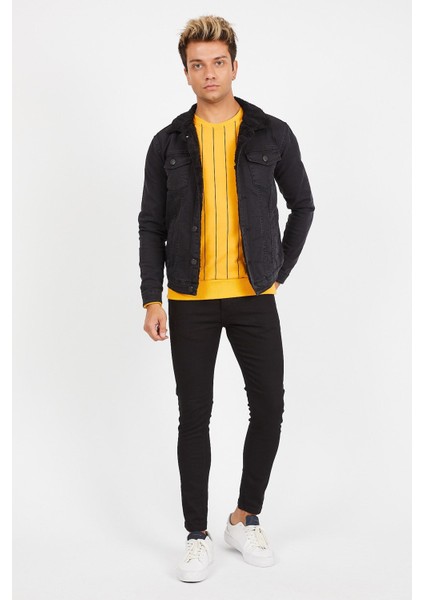 Erkek Siyah Kürklü Füme Renk Eskitmeli Slim Fit Kot Ceket