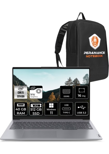 Thinkbook 16 Gen 6 Intel Core I5 1335U 40GB 512GB SSD 16" Fhd+ W11P Taşınabilir Bilgisayar & Per4 Çanta 21KH001ETRP402