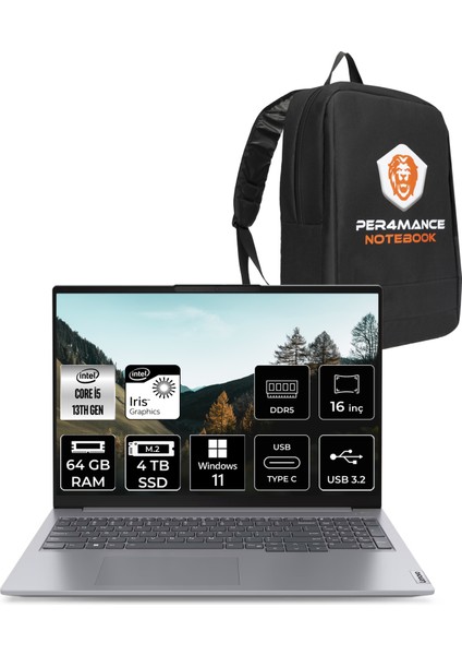 Thinkbook 16 Gen 6 Intel Core I5 1335U 64GB 4tb SSD 16" Fhd+ W11H Taşınabilir Bilgisayar & Per4 Çanta 21KH001ETRP375