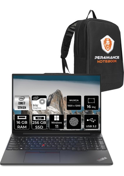 Thinkpad E16 Intel Core I7 1355U 16GB 256GB SSD 16" Fhd+ W11H Taşınabilir Bilgisayar & Per4 Çanta 21JN0007TXP336