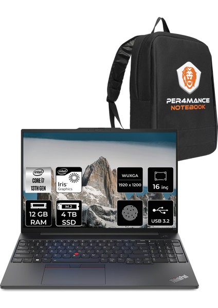 Thinkpad E16 Intel Core I7 1355U 12GB 4tb SSD 16" Fhd+ Fdos Taşınabilir Bilgisayar & Per4 Çanta 21JN0007TXP310