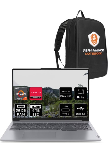 Thinkbook 16 Gen 6 Amd Ryzen 7 7730U 36GB 4tb SSD 16" Fhd+ Fdos Taşınabilir Bilgisayar & Per4 Çanta 21KK000WTRP335