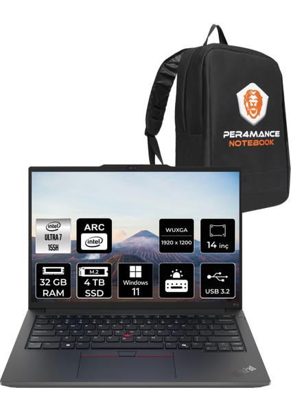 Thinkpad E14 Gen 6 Intel Core Ultra 7 155H 32GB 4tb SSD 14" Fhd+ W11H Taşınabilir Bilgisayar & Per4 Çanta 21M70031TXP360
