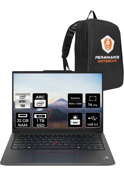 Thinkpad E14 Gen 6 Intel Core Ultra 7 155H 32GB 1tb SSD 14" Fhd+ Fdos Taşınabilir Bilgisayar & Per4 Çanta 21M70031TXP318