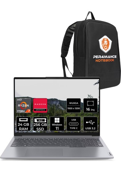Thinkbook 16 Gen 6 Amd Ryzen 7 7730U 24GB 256GB SSD 16" Fhd+ W11P Taşınabilir Bilgisayar & Per4 Çanta 21KK000WTRP421