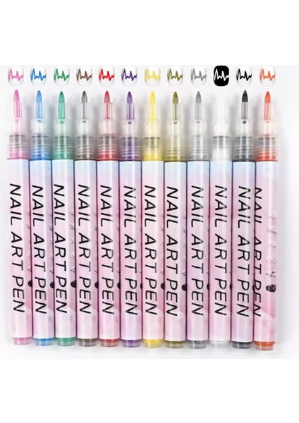 12 Adet Farklı Renklerde 0.7mm Tırnak Boyama Kalemi - Tırnak Desen Çizme Kalemi Çabuk Kuruyan Model