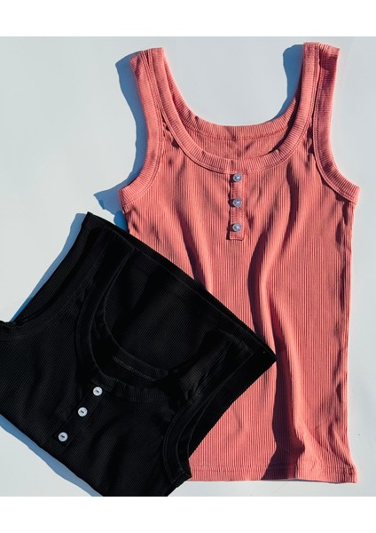 Lillesol Fitilli 2'li Düğme Detaylı Kalın Askı Gül Kurusu ve Siyah Renk Kadın Atlet 64A63Y