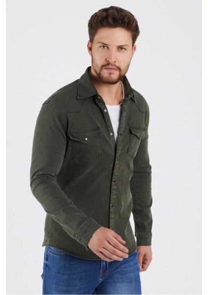 Erkek Siyah Haki Renk Slım Fıt Gabardin Gömlek