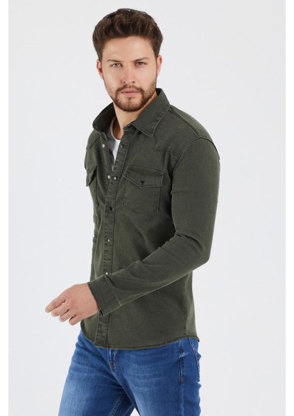 Erkek Siyah Haki Renk Slım Fıt Gabardin Gömlek modelleri