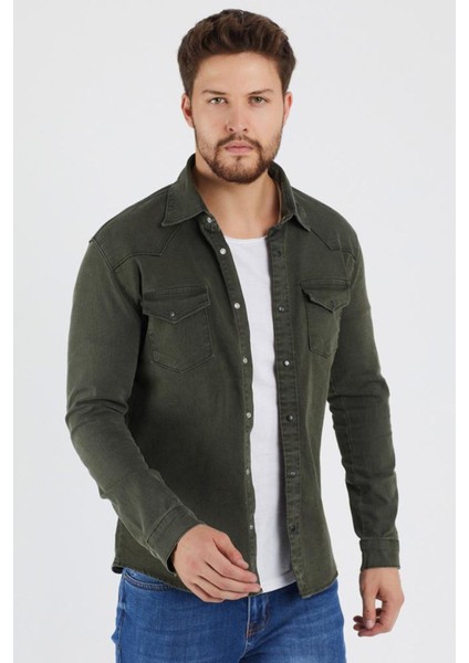 Erkek Siyah Haki Renk Slım Fıt Gabardin Gömlek fırsatları