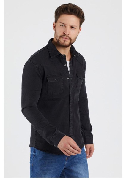 Erkek Siyah Haki Renk Slım Fıt Gabardin Gömlek modelleri