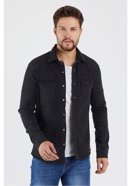 Erkek Siyah Haki Renk Slım Fıt Gabardin Gömlek indirimleri