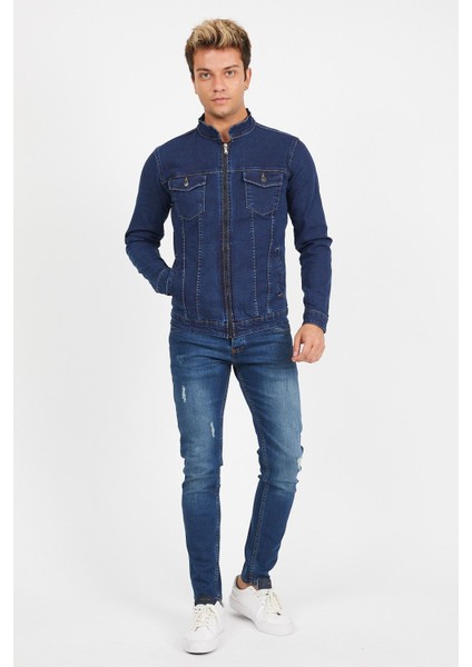 Erkek Koyu Mavi Fermuarlı Slim Fit Kot Ceket