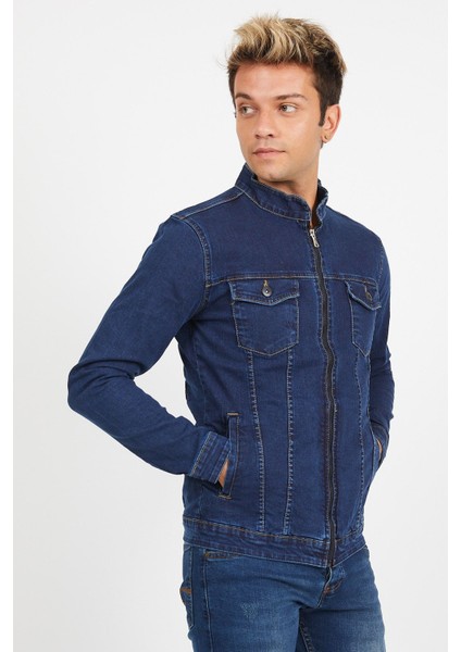 Erkek Koyu Mavi Fermuarlı Slim Fit Kot Ceket