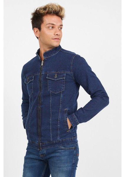 Erkek Koyu Mavi Fermuarlı Slim Fit Kot Ceket