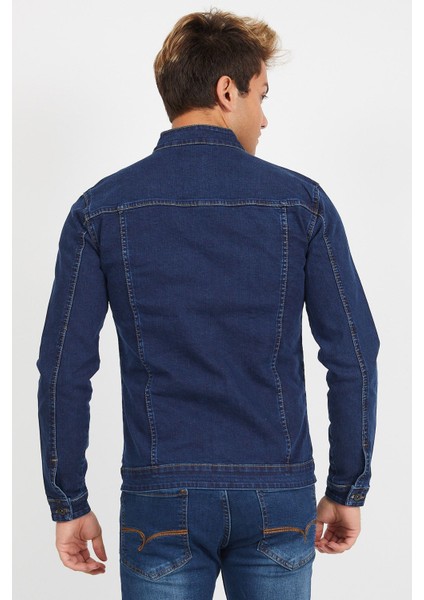 Erkek Koyu Mavi Fermuarlı Slim Fit Kot Ceket
