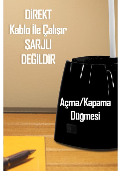 Masa Lambası Kalemlikli Telefon Tutuculu Kablolu LED Ders Çalışma Lambası Kitap Okuma Işığı Siyah