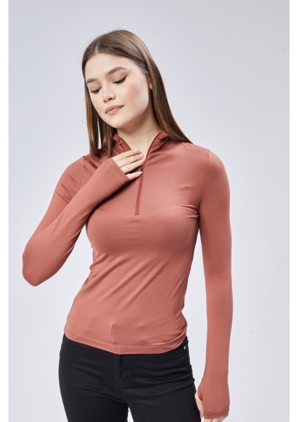 Kiremit Fermuarlı Fitted Uzun Kollu Bluz T-Shirt fiyatları