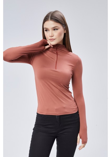 Kiremit Fermuarlı Fitted Uzun Kollu Bluz T-Shirt fırsatları