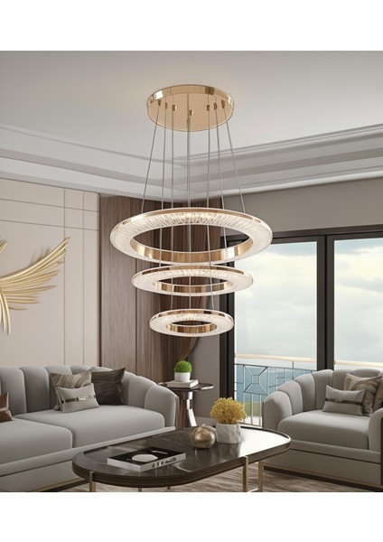 Cristal Gold 3 Lü 3 Renk Ledli Lüks Modern Sarkık Tekli Avize