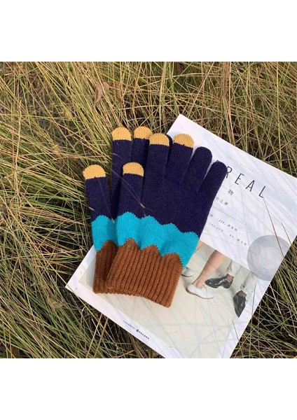 Dalga-Lacivert Tarzı Tüm Kodlar Kadınlar Için Sevimli Sıcak Kış Dış Mekan Bisiklet Eldivenleri Soğuk Kalın Kadife ile Kalınlaştırılmış Beş Parmak Dokunmatik Ekran Çift Eldivenler (Yurt Dışından)