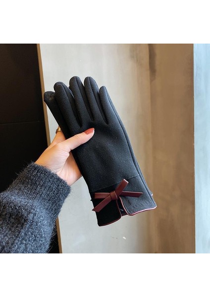 Siyah Deri Kenar Stili Kadın Kış Eldiveni Kore Versiyonu Sevimli Kurdele Yumuşak Kalın Peluşlu Sonbahar Bisiklet Sıcak Tutma Dokunmatik Ekran (Yurt Dışından)