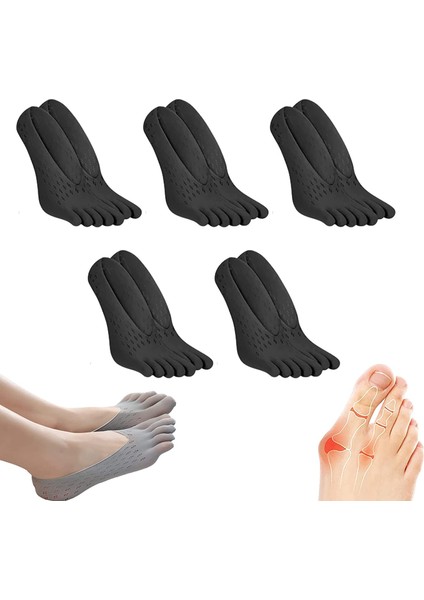5 Çift Siyah Tarzı 5 Çift Kadın Ortopedik Sıkıştırma Parmak Arası Çorap, Jel Sekmeli Tam Parmaklı Yoga Çorabı, Yumuşak Nefes Alan Beş Parmak Çorap (Yurt Dışından)