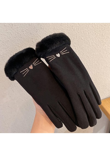 Kedi Tipi Siyah Tarzı Kadın Kış Eldiveni Kore Versiyonu Sevimli Kurdele Yumuşak Kalın Peluşlu Sonbahar Bisiklet Sıcak Tutma Dokunmatik Ekran (Yurt Dışından)
