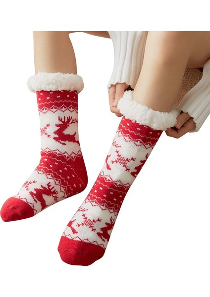 STIL11 Tarzı Tek Beden Herkese Uyar Kadınlar Için Noel Sıcak Peluş Çoraplar Yumuşak Örme Termal Çoraplar Ev Içi Sevimli Halı Kaymaz Çoraplar Noel Hediyesi (Yurt Dışından)