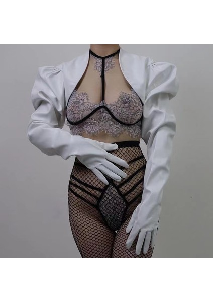 Beyaz Stil Tek Boyut Kadın Moda Glovee Suni Deri Parlak Kırmızı Üst Ceket Kırpılmış Bolero Kadın Uzun Deri Eldiven (Yurt Dışından)