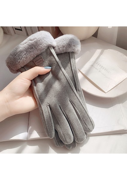 Koyu Gri Tarzı Kadın Kış Polarlı Kalın Bisiklet Eldiveni Yeni Şirin Kore Stili Kürk Ağız Dokunmatik Ekran Sıcak Eldiven (Yurt Dışından)