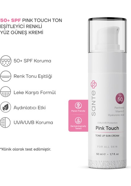 Cilt Tonu Eşitleyici Aydınlatıcı Pink Touch Renkli Güneş Koruyucu Krem SPF +50, 50 ML