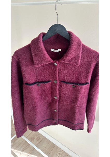 Kadın Polo Yaka Cepli Angora Bordo Hırka modelleri