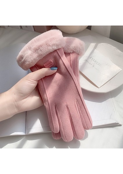 Pembe Tarzı Kadın Kış Polarlı Kalın Bisiklet Eldiveni Yeni Şirin Kore Stili Kürk Ağız Dokunmatik Ekran Sıcak Eldiven (Yurt Dışından)
