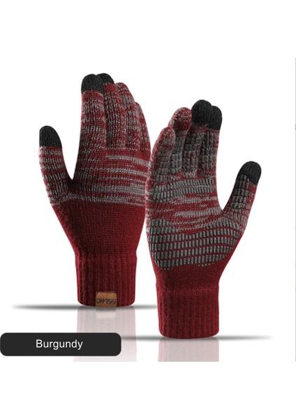 Bordo Tarzı Kış Sıcak Örme Eldiven Erkek Kadın Sonbahar ve Kış Kalın Renk Ofset Baskı Dokunmatik Ekran Sıcak Eldiven Dış Mekan Kalın Eldiven (Yurt Dışından)