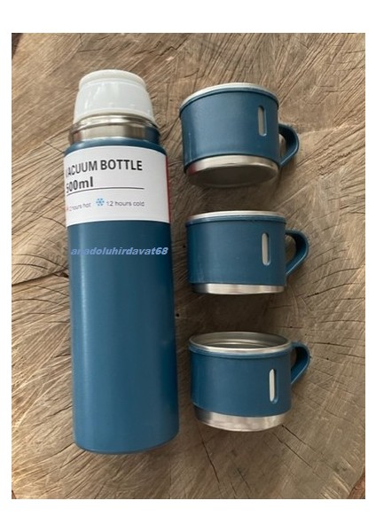Paslanmaz Çelik Kamp Termosu Çift Katman Vakum 3 Bardaklı Termos