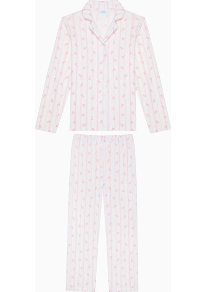 Uzun Kollu Kız Çocuk Roses Gömlek Kırık Beyaz Pamuklu Pijama Takımı